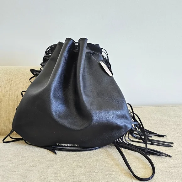 Victoria's Secret Black Vegan Leather Fringe Backpack Handbag Shoulder Bag NWT - Picture 2 of 15